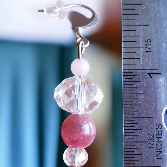 Handcrafted Rose Quartz & Crystal Beaded Drop Earrings - Picture 6 of 7